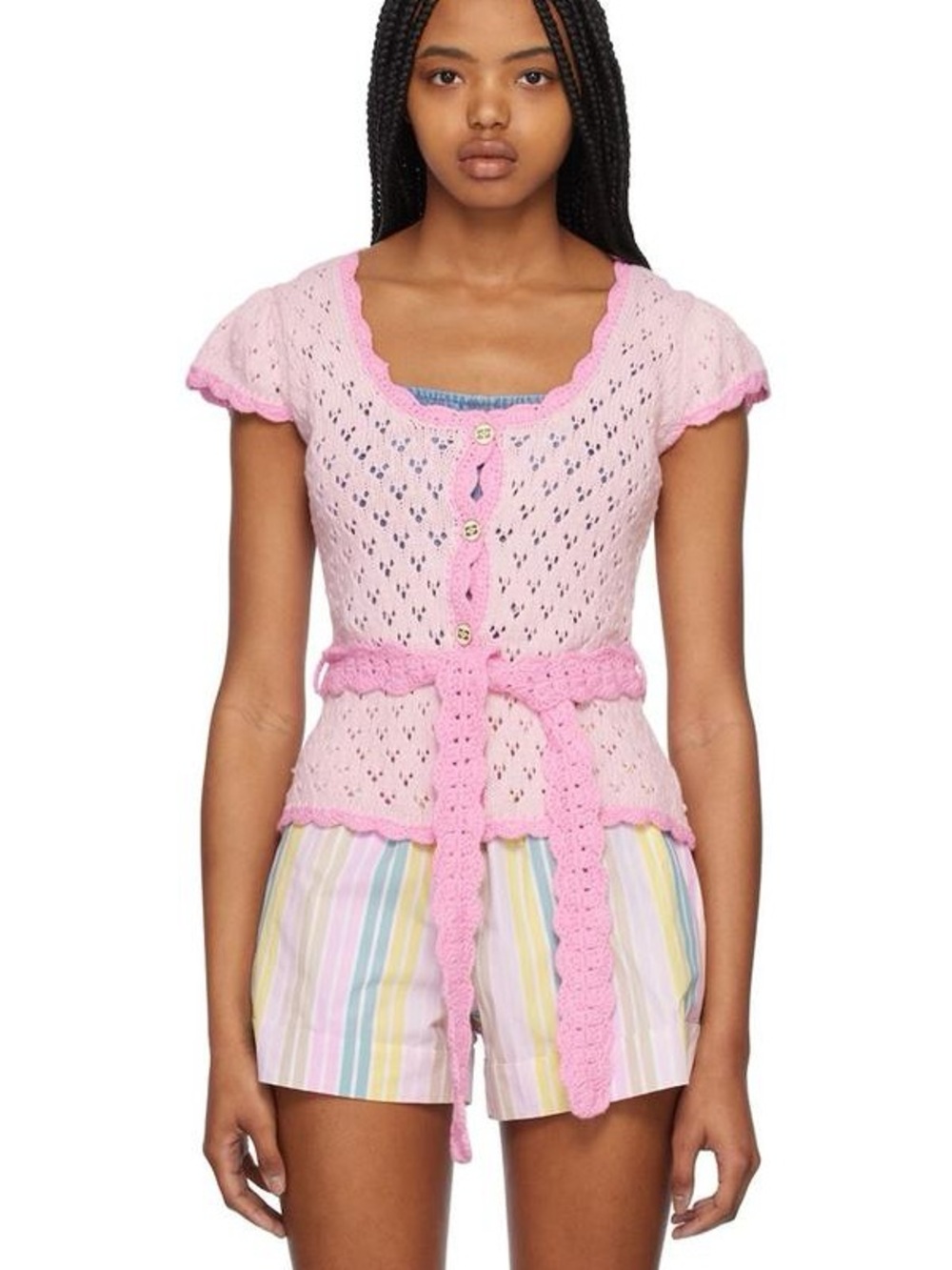 Ganni cotton lace short sleeve cardigan